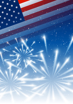 Independence day background with American flag and shiny fireworks