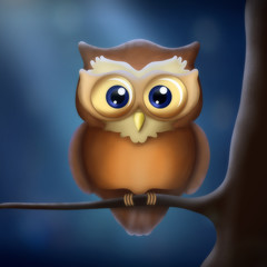 Owl on the branch. Cute owl at night. Illustration.
