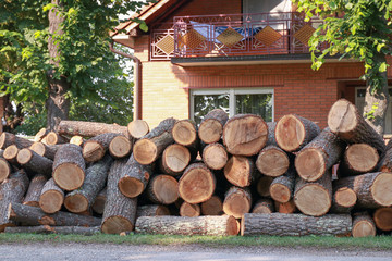 A large woodpile of freshly cut wood in front of the house. Fire