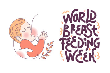 Vector illustration for international breastfeeding week.Lettering. The baby sucks the mother's breast. Linear illustration.