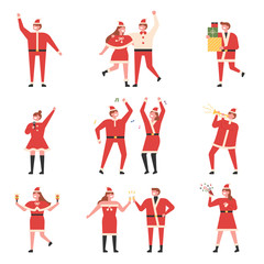 People in Santa costumes and Christmas parties. flat design style minimal vector illustration