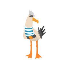 Seagull Sailor, Funny Bird Cartoon Character in Blue White Vest and Cap Vector Illustration