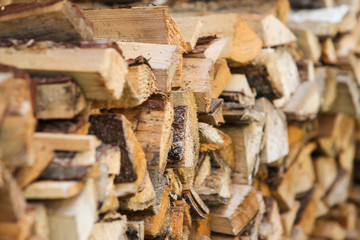 Beautiful view of stacked firewood in a countryside home garage.