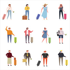 People in various styles who travel with luggage. flat design style minimal vector illustration