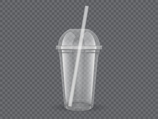 Empty transparent plastic cups with straw on dark background vector mock up