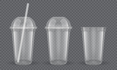 Empty transparent plastic cups with straw on dark background vector mock up