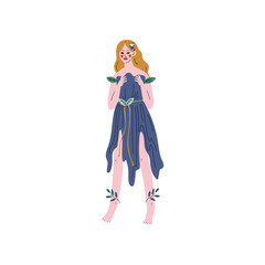 Fototapeta na wymiar Forest Fairy or Nymph, Beautiful Girl in Blue Dress Vector Illustration