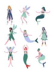 Beautiful Forest Fairies, Nymphs, Mermaids, Sirens Set Vector Illustration