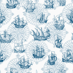 Old caravel, vintage sailboat. Vector seamless pattern