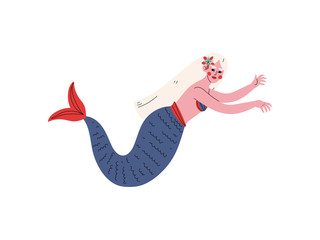 Beautiful Mermaid or Siren with Long Blonde Hair and Blue Tail Vector Illustration