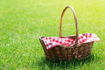 Empty picnic basket with red checkered napkin on the grass.
