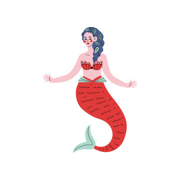 Beautiful Mermaid Or Siren With Red Tail Vector Illustration