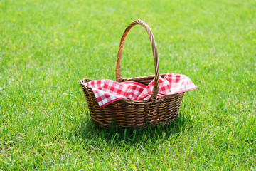 Fototapeta na wymiar Empty wicker basket with red tablecloth on green grass in a park