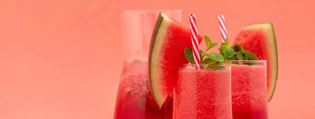Refreshing cold watermelon fruit juice smoothies drinks  on colorful banner background