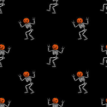 HALLOWEEN SKELETON WITH PUMPKIN HEAD WITH ROCK SIGN SEAMLESS PATTERN BLACK BACKGROUND