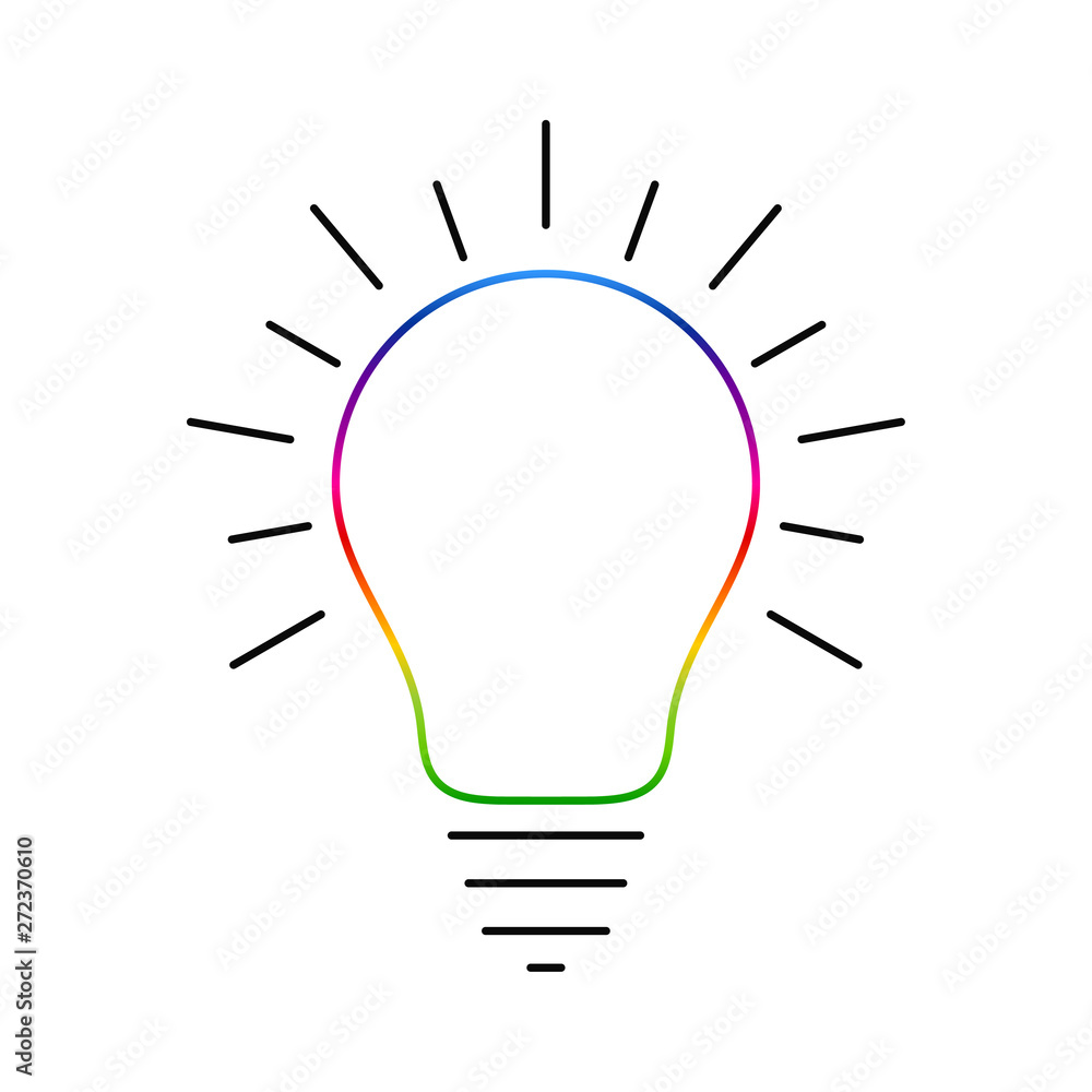 Poster glowing multi colored light bulb thin line icon. idea and creativity symbol isolated on white backgr