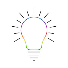 Glowing multi colored light bulb thin line icon. Idea and creativity symbol isolated on white background.