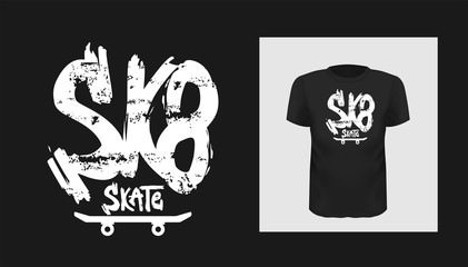Tshirt sk8 slogan design. T shirt quote print with a phrase skate board. Vector template in modern lettering © peliken