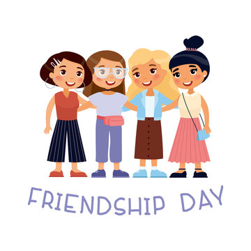 Friendship day.  Four young cute girls hugging..Funny cartoon character.
