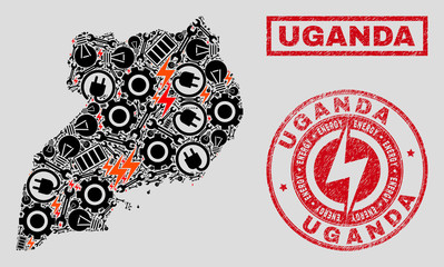 Composition of mosaic power supply Uganda map and grunge seals. Mosaic vector Uganda map is created with workshop and electric elements. Black and red colors used. Templates for power supply services.