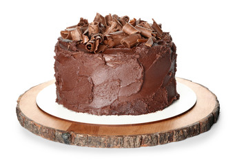 Tasty chocolate cake on white background