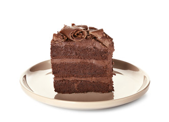 Tasty chocolate cake on white background