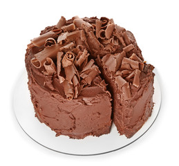 Tasty chocolate cake on white background