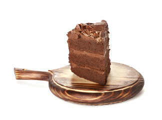 Tasty chocolate cake on white background