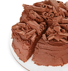Tasty chocolate cake on white background