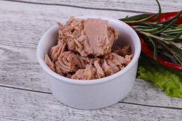 Tasty canned tuna fish in the bowl