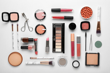 Set of decorative cosmetics on white background