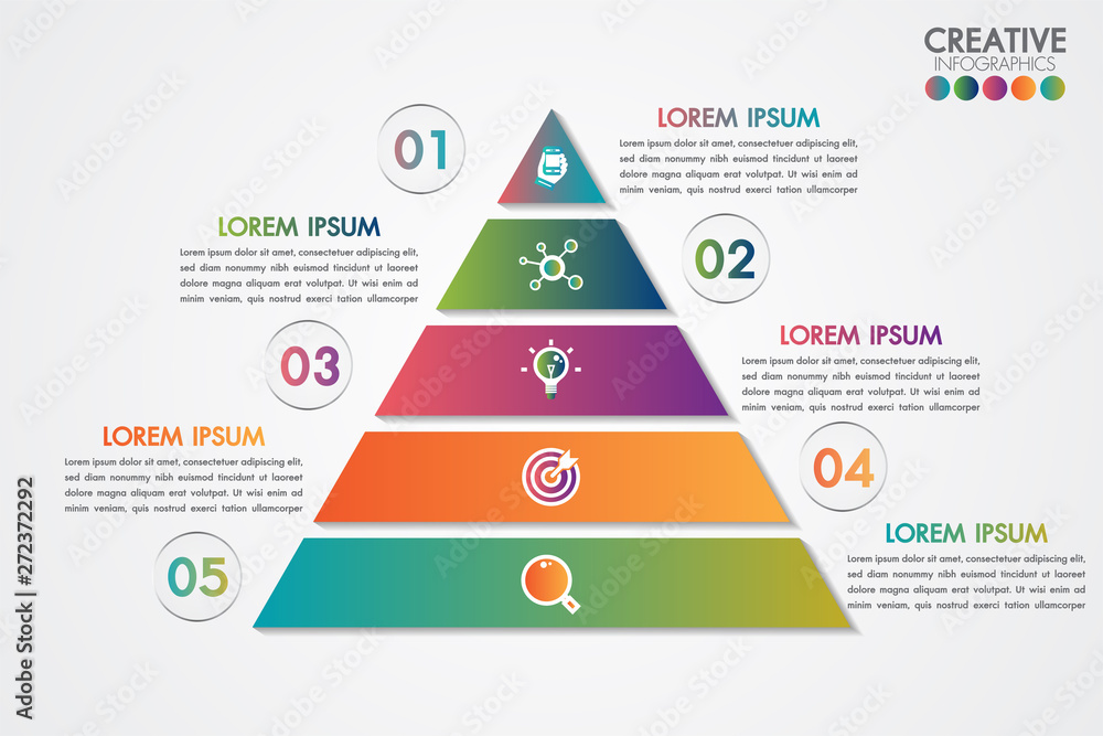 Poster pyramid infographic colorful template with 5 steps or options concept.each part contains unique numb