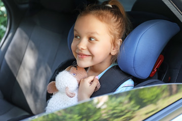 Little girl buckled in car safety seat