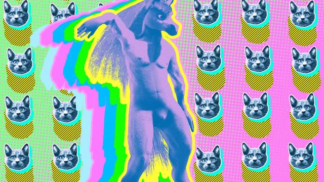 Seamless funny animation of a cartoon dancing unicorn with cats and rainbows. Stop motion minimal halftone comic style background. Dancing funny animal.