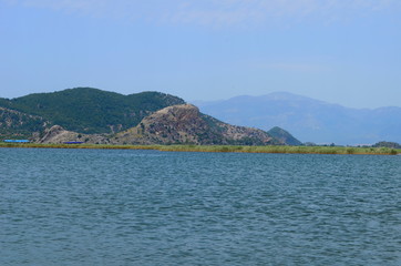 Fototapeta na wymiar turtle island and green Dalyan river in Turkey