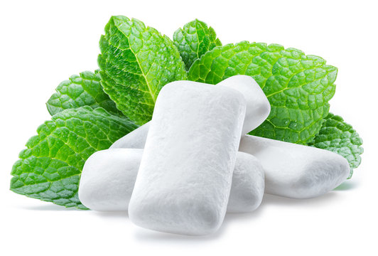 Chewing Gum Pads With Mint Leaves Isolated On White Background.