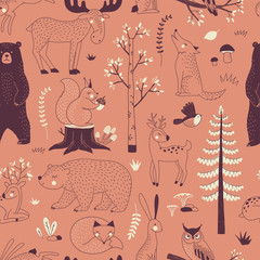 Autumn Forest seamless vector pattern. Woody landscape with Bear Deer Hare Wolf Moose Fox Owl Squirrel creatures repeatable background. Woodland childish print in Scandinavian decorative style. Cute