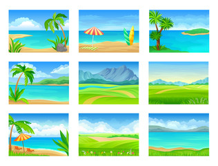 Set of different summer landscapes. Vector illustration on white background.