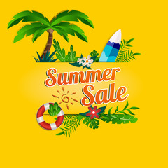 Summer sale paper cut with beach theme and floral decoration on yellow background