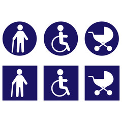 Blue round and square stickers this a person in a wheelchair, man with a disability and elderly on crutches, baby stroller, vector icons.