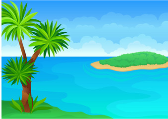 Naklejka na ściany i meble Magnificent palm tree by the sea. Vector illustration on white background.