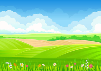 Obraz premium Flower meadow in the hills. Vector illustration on white background.
