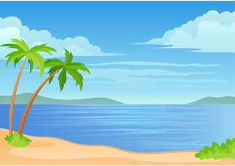Fototapeta na wymiar Two palm trees and a bush by the sea. Vector illustration on white background.