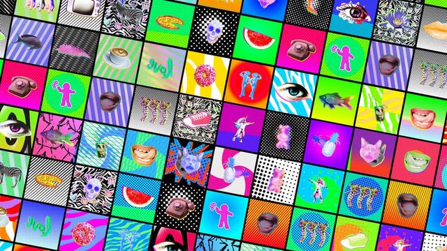 Seamless crazy animation of random printed psychedelic squares with vibrant colors.Creative backdrop art collage grid of slides. Contemporary art collage.