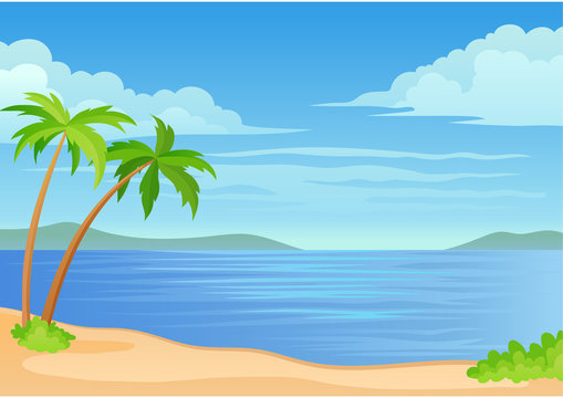 Two palm trees and a bush by the sea. Vector illustration on white background.