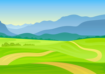 Trail meanders in a hilly meadow. Vector illustration on white background.