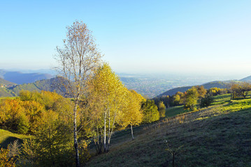 Fototapeta na wymiar Autumn mood on Monte di Nese near Bergamo. View on misty Padan Plane.