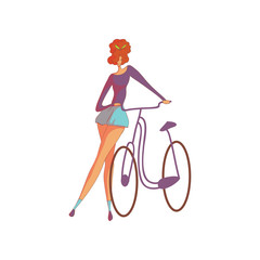 Red-haired woman in shorts standing near the bike. Vector illustration on white background.