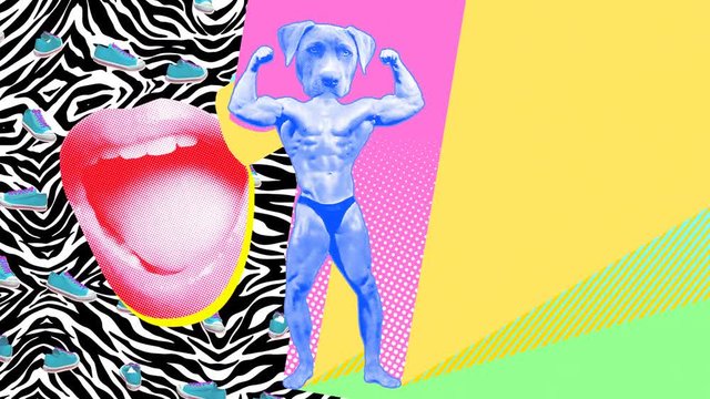 Seamless young animation of cartoon style dog head bodybuilder with duotono colors and halftone effect. Animation fashion design. Stop motion contemporary photo montage art collage with zebra