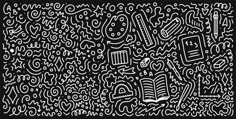 Welcome back to school doodle background. Template for sale banner. Hand drawn elements. Education concept. Typography emblem. Vector